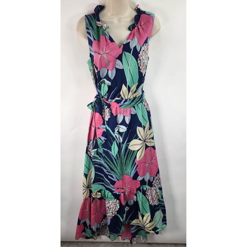Talbots Voile Hibiscus Maxi Dress Women's 6 Tropical Floral Ruffle